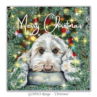 christmas card with labradoodle on