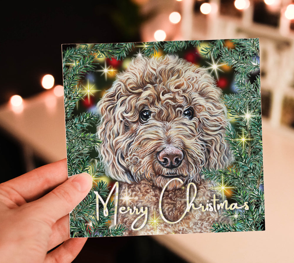 christmas card with labradoodle on