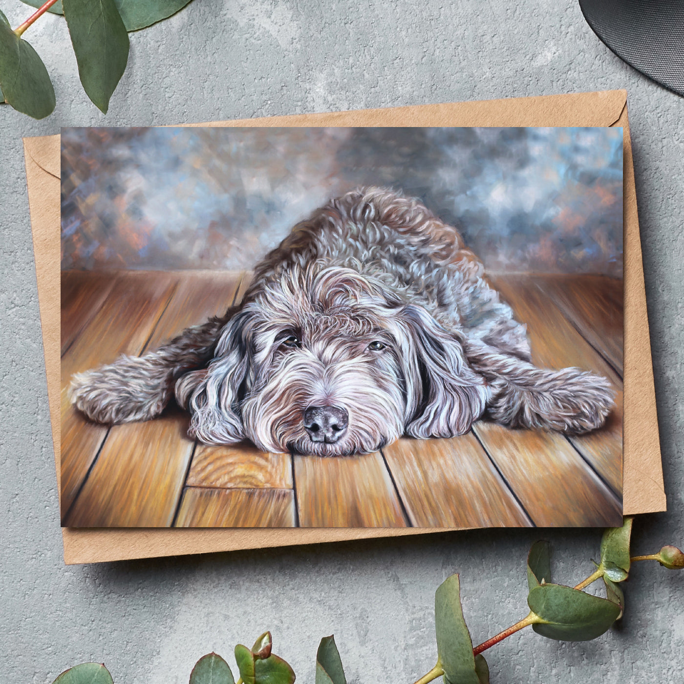greeting card with labradoodle