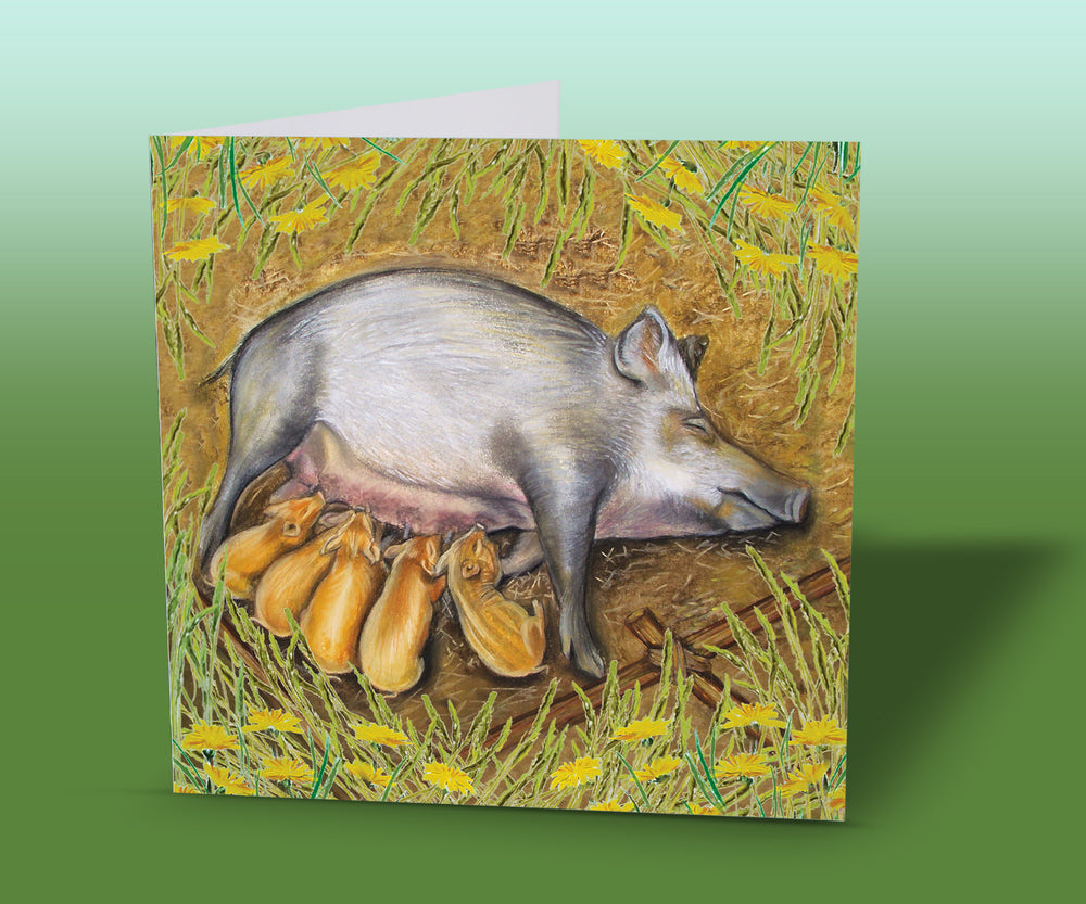 Piglets Nurturing - Farm Life Greeting Card