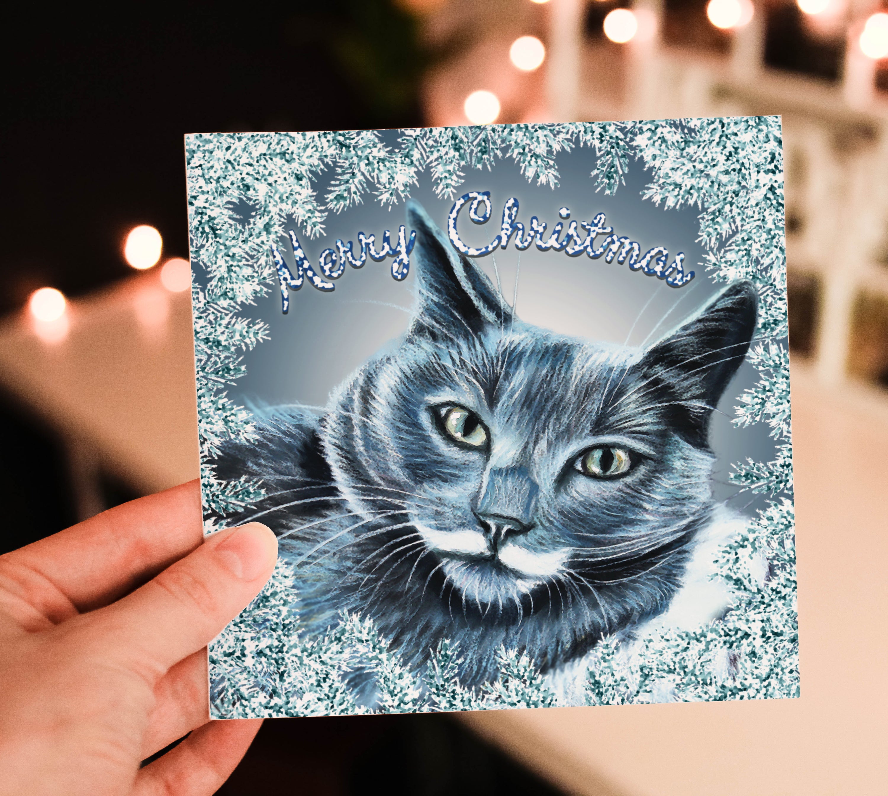 grey cat christmas card